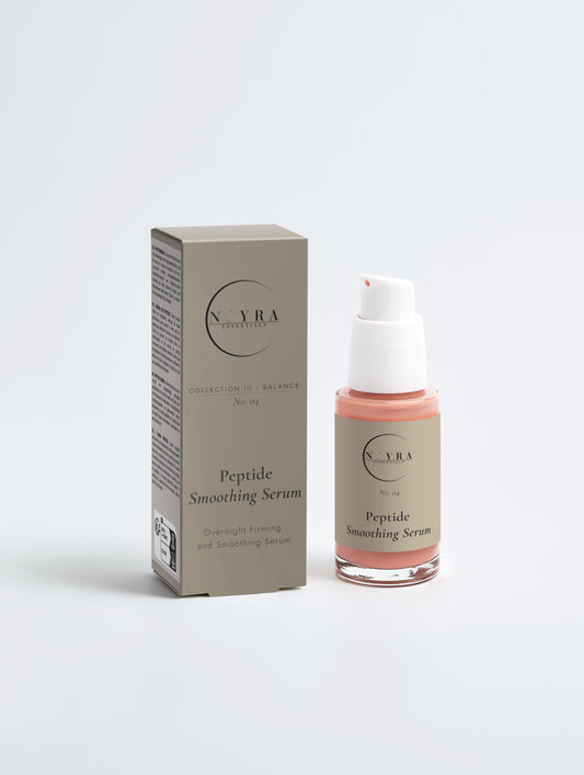 Peptide smoothing serum in minimalist neutral packaging, featuring a glass pump bottle with a soft pink formula alongside its matching box, designed for skin smoothing and firming