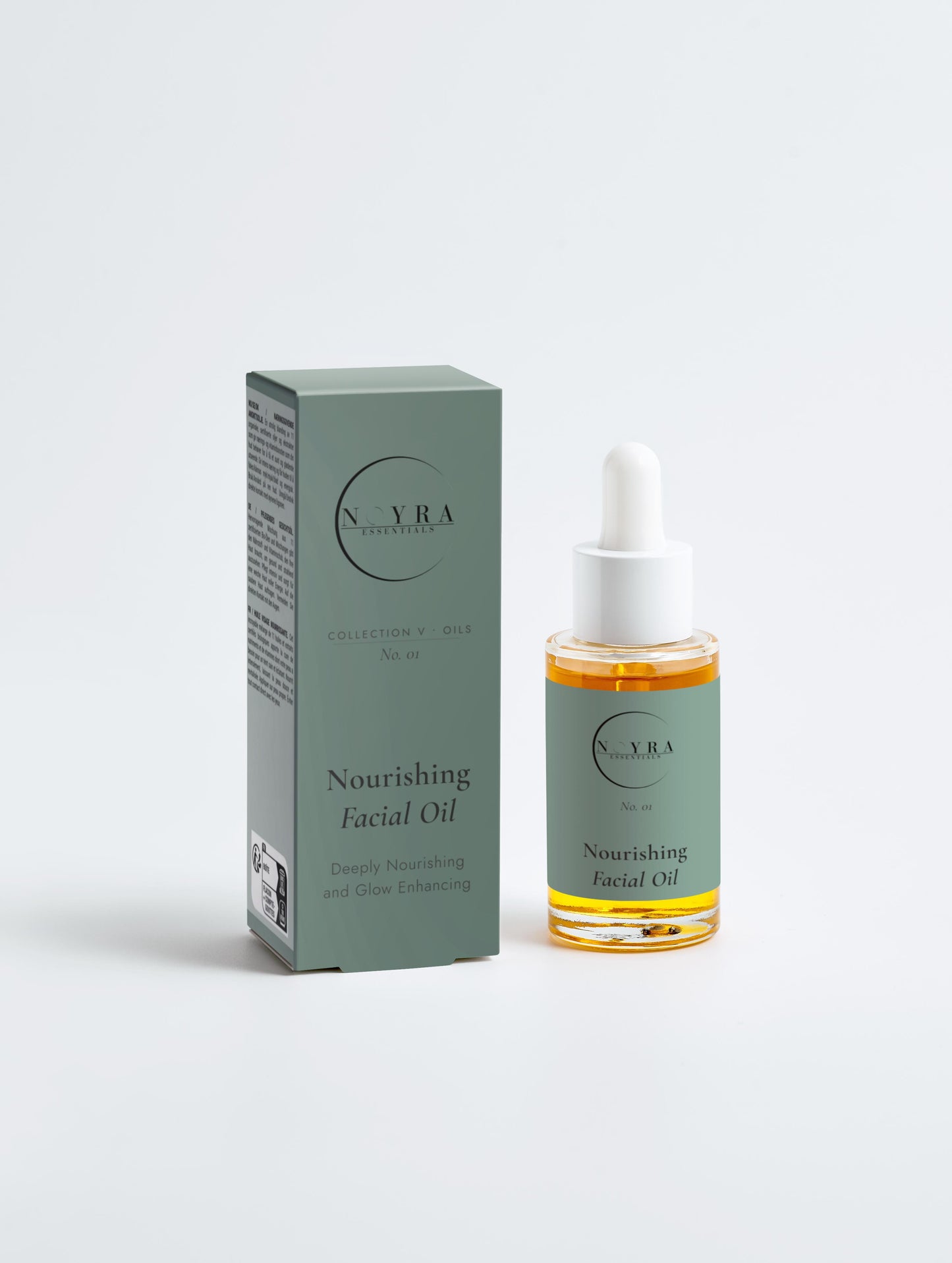 Nourishing facial oil in green minimalist packaging, featuring a glass dropper bottle with golden oil and a matching box, designed to support skin nourishment and enhance natural glow