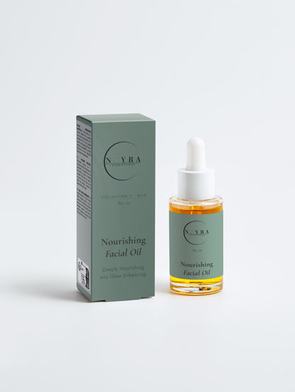 Nourishing facial oil in green minimalist packaging, featuring a glass dropper bottle with golden oil and a matching box, designed to support skin nourishment and enhance natural glow