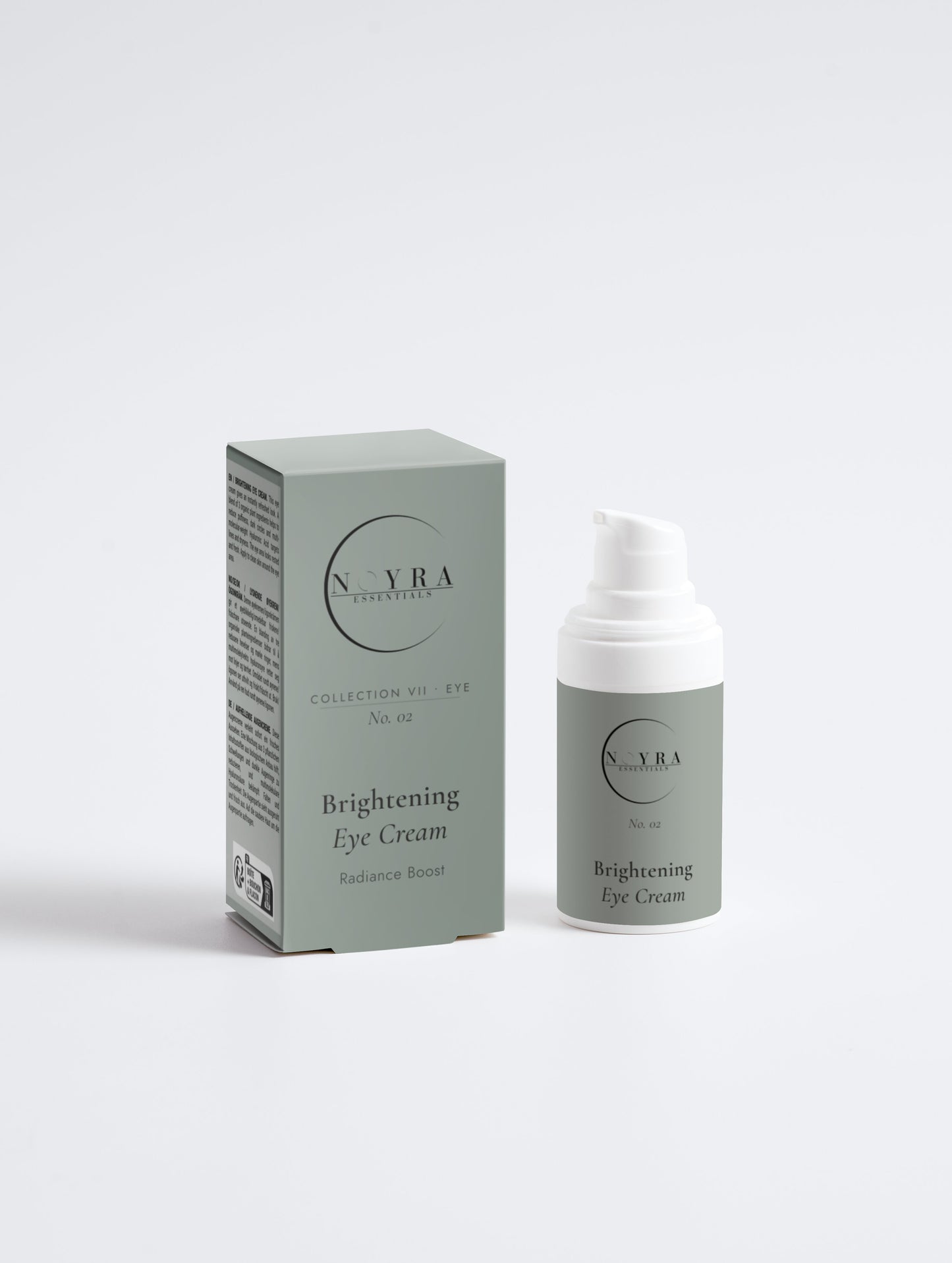 Noyra Essentials Brightening Eye Cream with minimal packaging and pump bottle, designed for hydrating and enhancing the appearance of the eye area