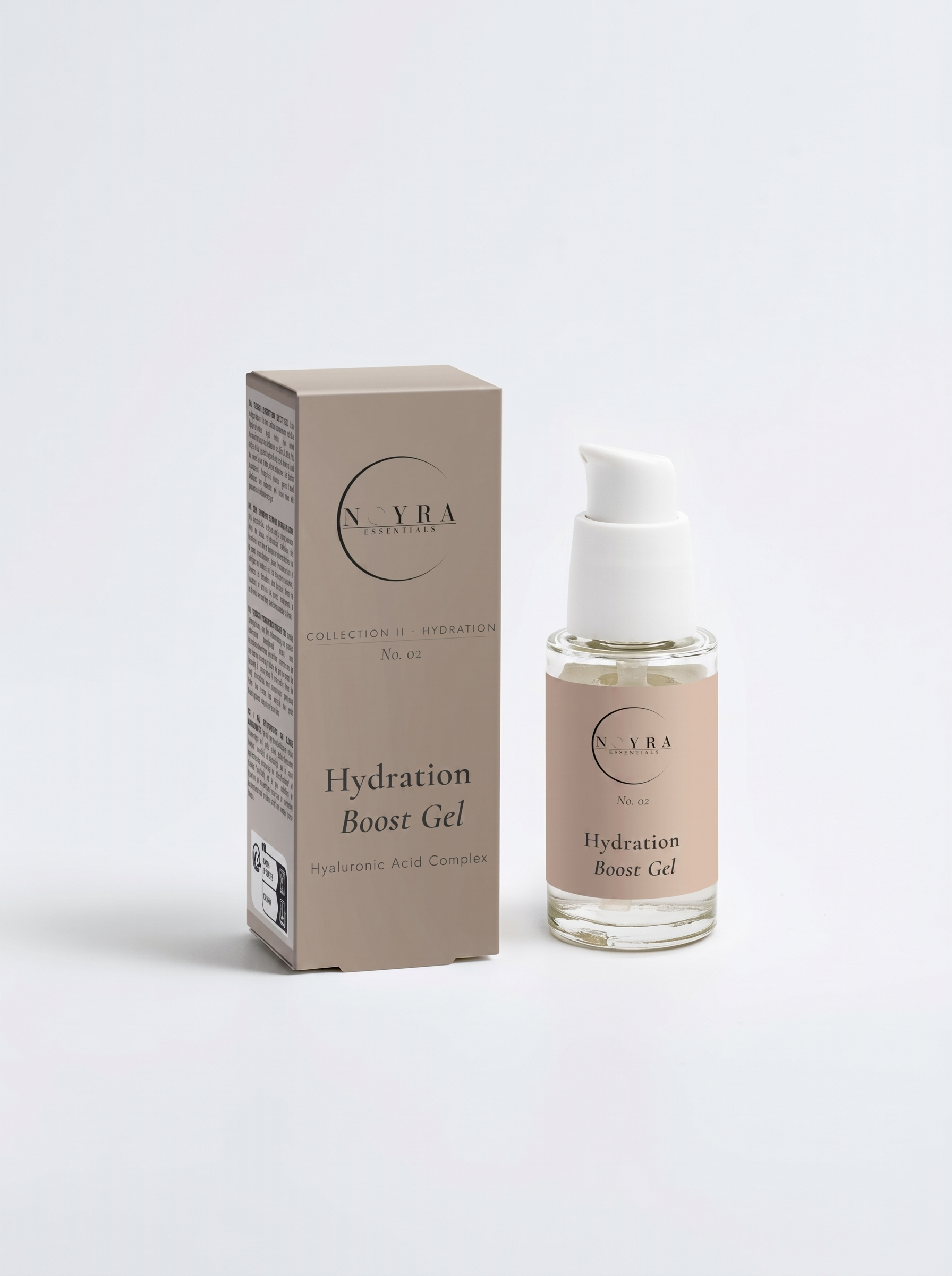 Hydration Boost Gel in minimalist beige packaging, lightweight hyaluronic acid gel serum designed to deliver multi-level hydration and plumping effect for smooth, refreshed skin