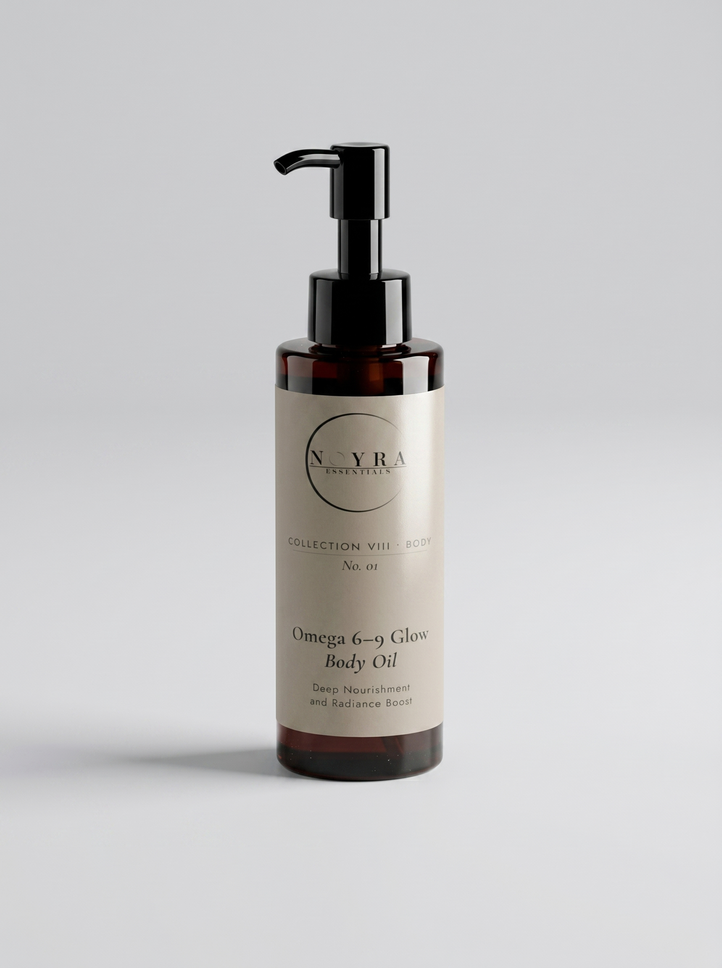 Omega 6–9 glow body oil in amber bottle with black pump, featuring minimalist neutral label design, formulated to nourish the skin and enhance natural radiance