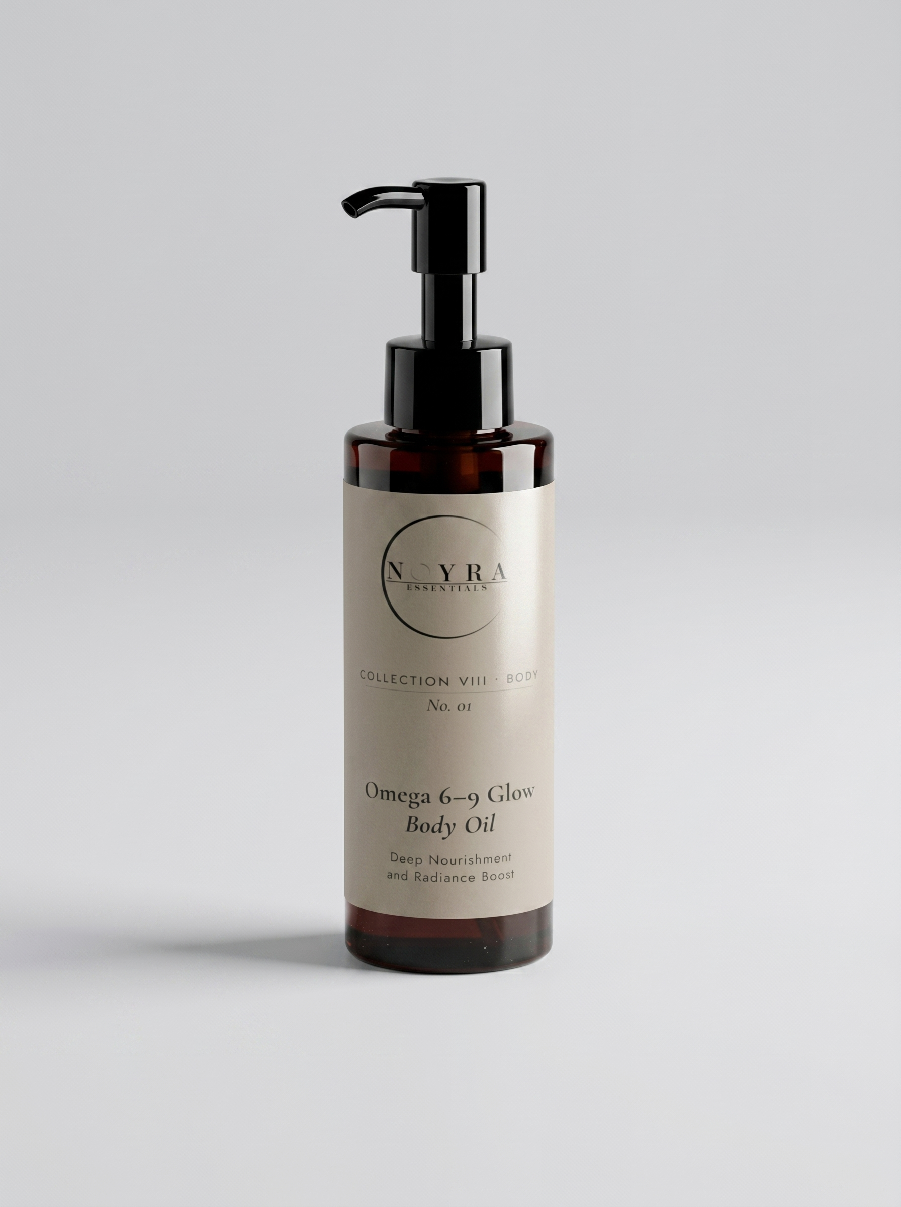 Omega 6–9 glow body oil in amber bottle with black pump, featuring minimalist neutral label design, formulated to nourish the skin and enhance natural radiance