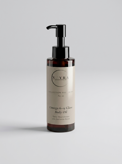 Omega 6–9 glow body oil in amber bottle with black pump, featuring minimalist neutral label design, formulated to nourish the skin and enhance natural radiance