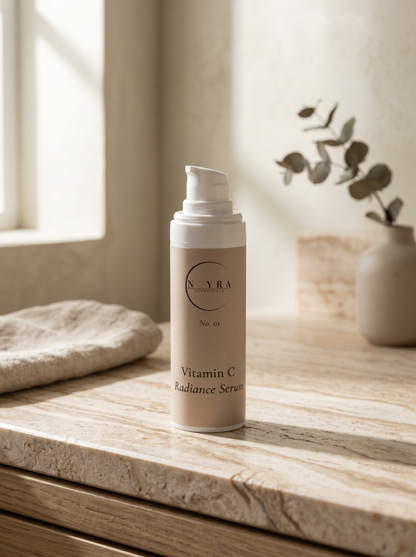 Noyra Vitamin C Radiance Serum bottle on a wooden surface with natural light