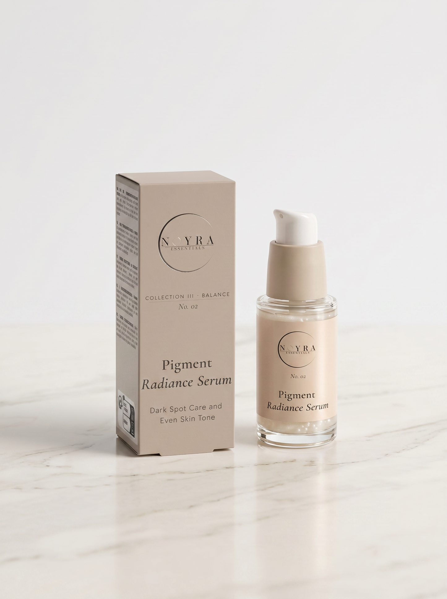 Pigment radiance serum in neutral-toned minimalist packaging, featuring a glass pump bottle and matching box, designed for dark spot care and improving even skin tone