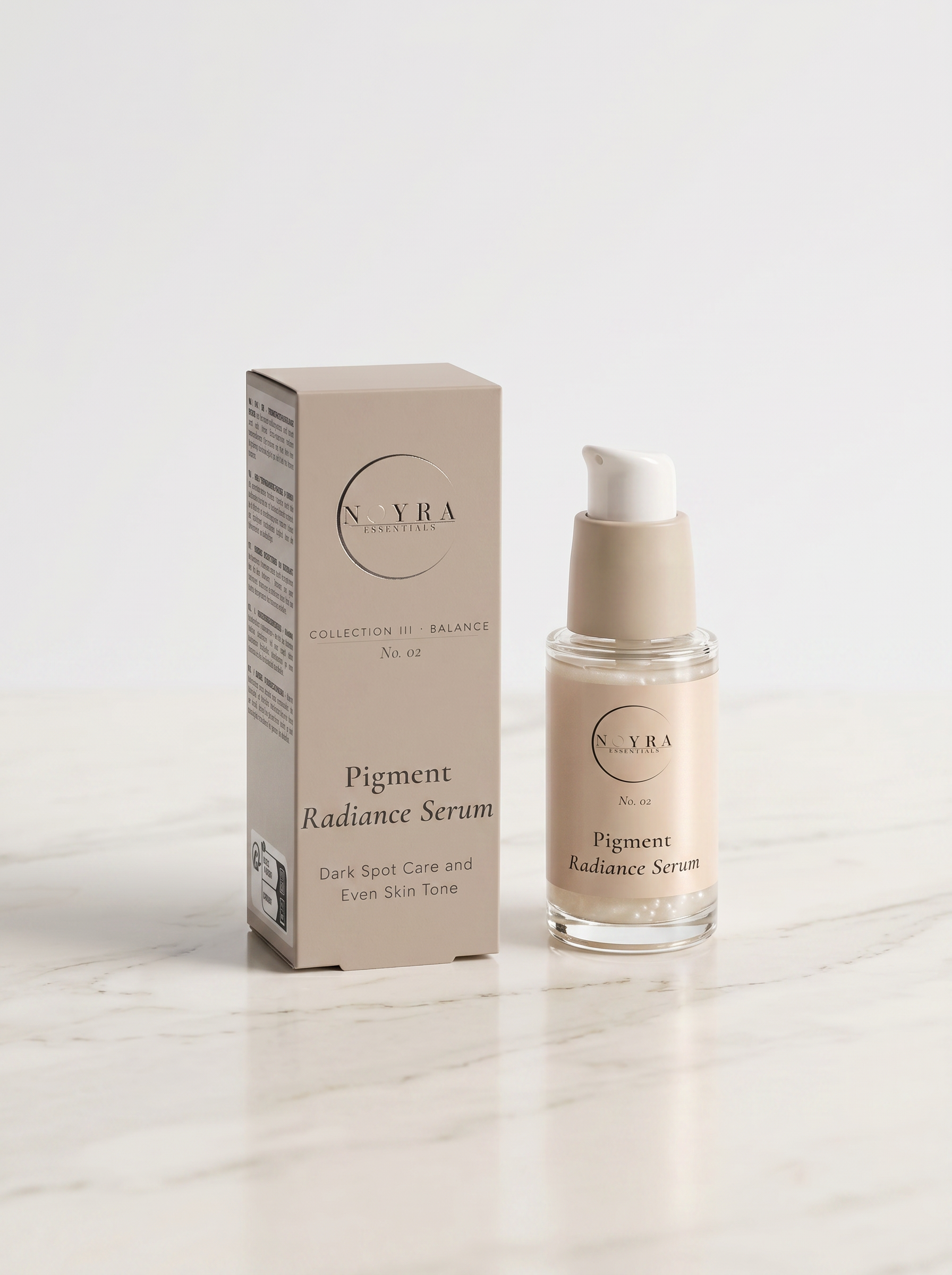 Pigment radiance serum in neutral-toned minimalist packaging, featuring a glass pump bottle and matching box, designed for dark spot care and improving even skin tone
