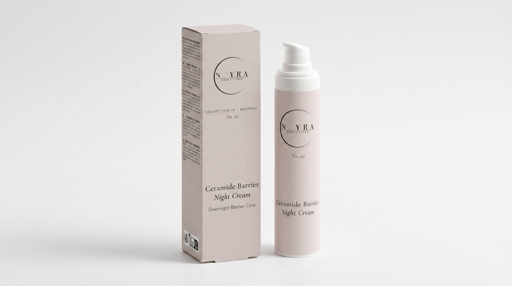 Ceramide barrier night cream in soft neutral packaging, featuring a minimalist pump bottle alongside its matching box, designed for overnight skin barrier care and hydration