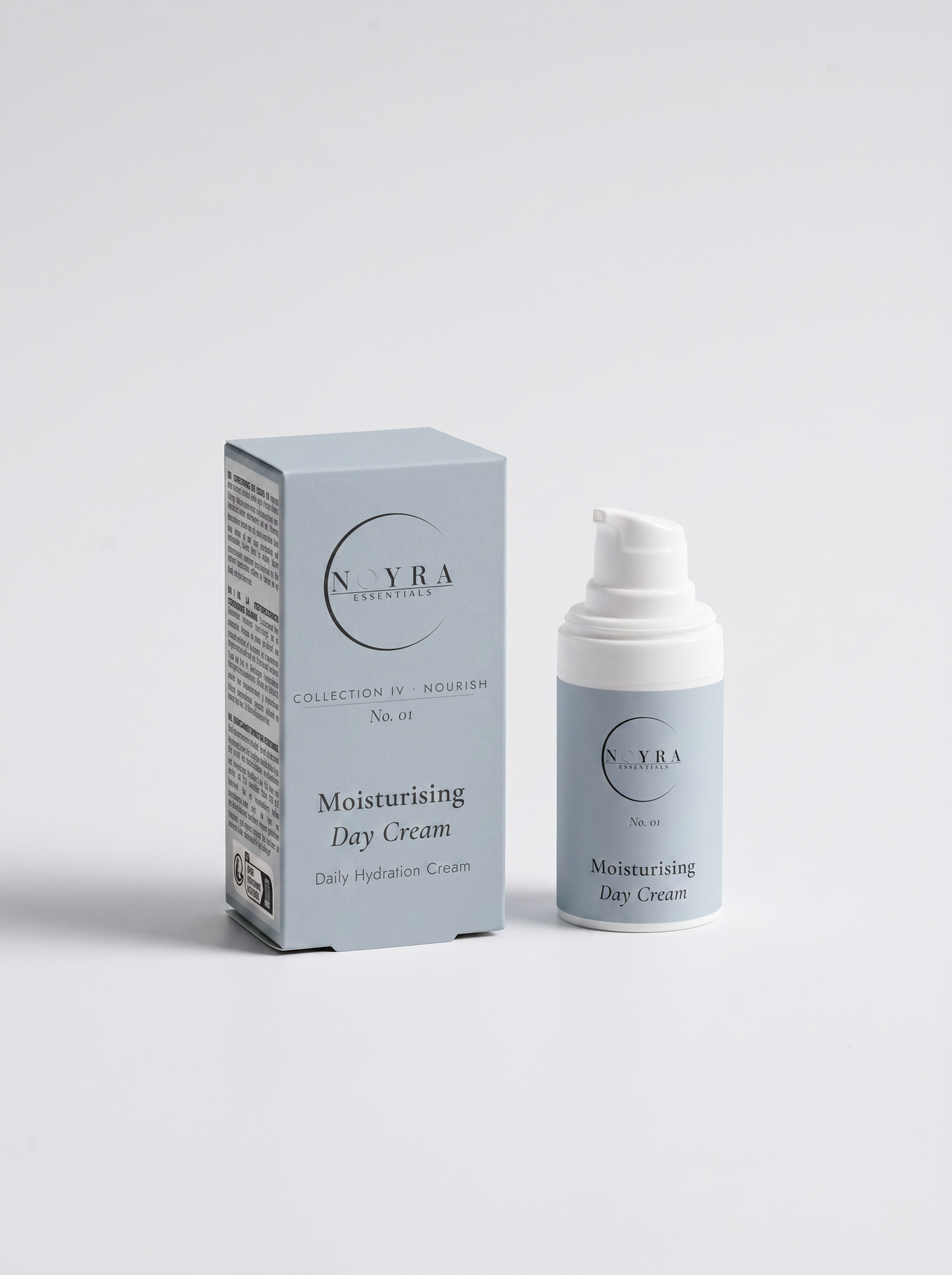 Moisturizing day cream in soft blue packaging with minimalist design, featuring a lightweight daily hydration cream in a pump bottle alongside its matching box
