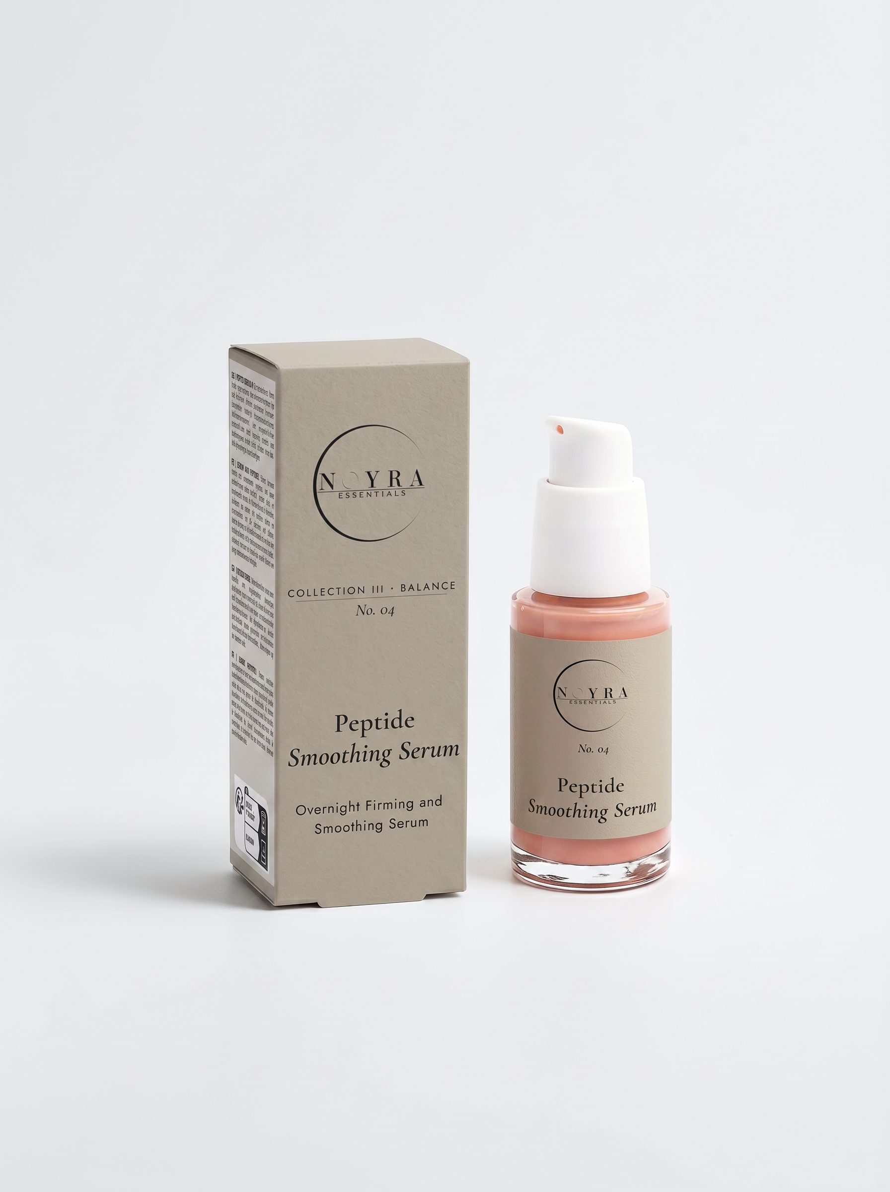 Peptide smoothing serum in minimalist neutral packaging, featuring a glass pump bottle with a soft pink formula alongside its matching box, designed for skin smoothing and firming