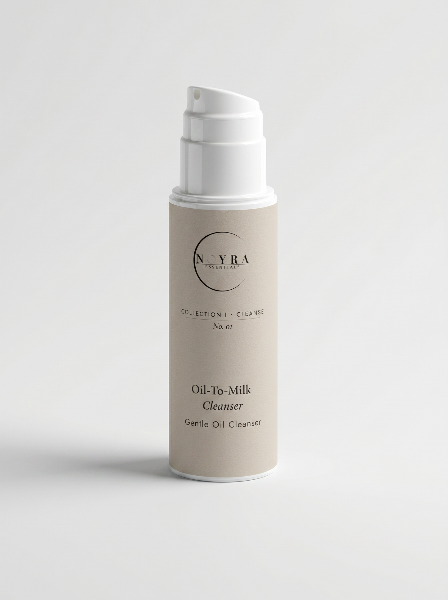 Oil-to-Milk Cleanser in soft beige packaging, minimalist luxury skincare design featuring a gentle transforming oil cleanser for effective makeup removal and sensitive skin care