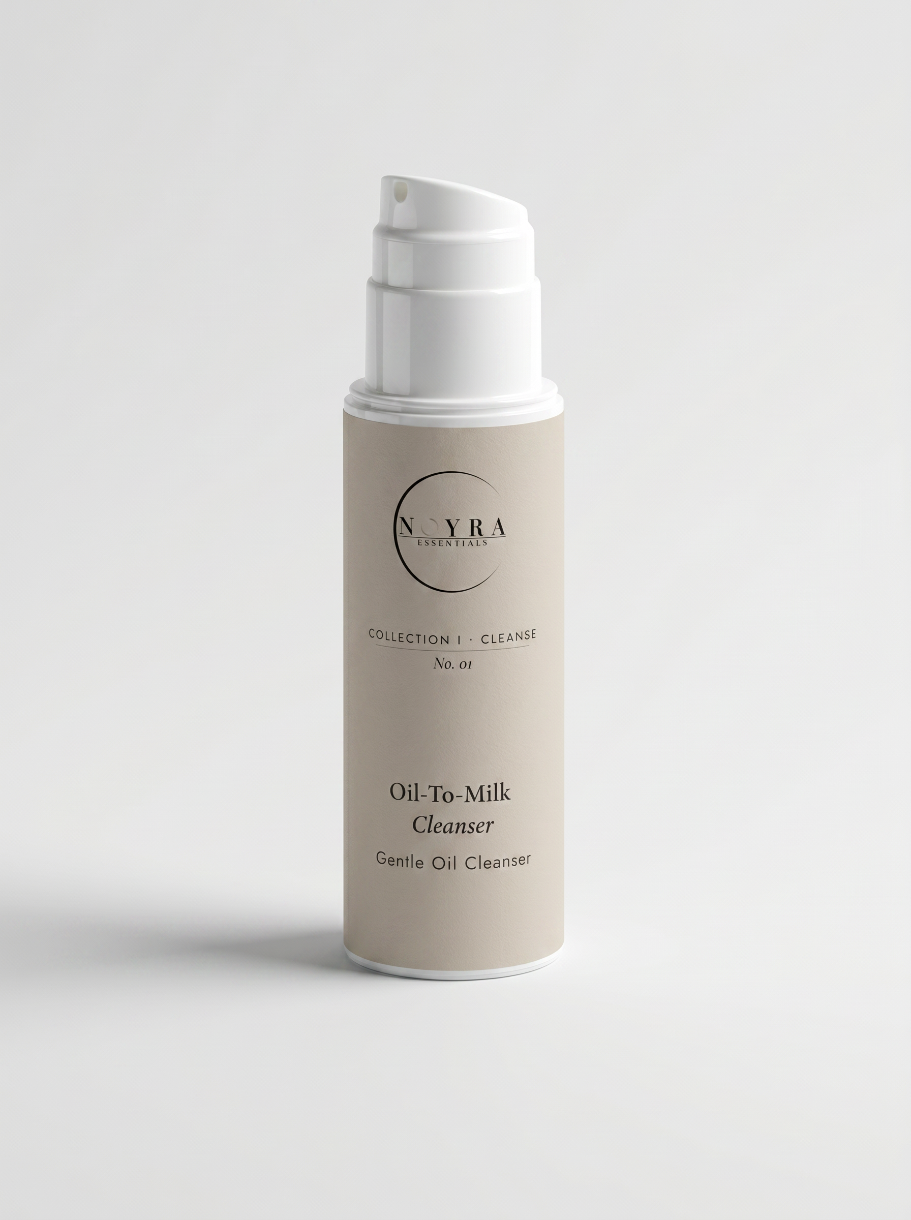 Oil-to-Milk Cleanser in soft beige packaging, minimalist luxury skincare design featuring a gentle transforming oil cleanser for effective makeup removal and sensitive skin care