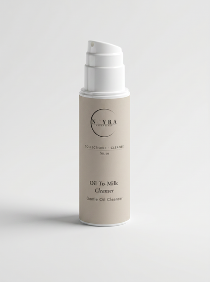 Oil-to-Milk Cleanser in soft beige packaging, minimalist luxury skincare design featuring a gentle transforming oil cleanser for effective makeup removal and sensitive skin care