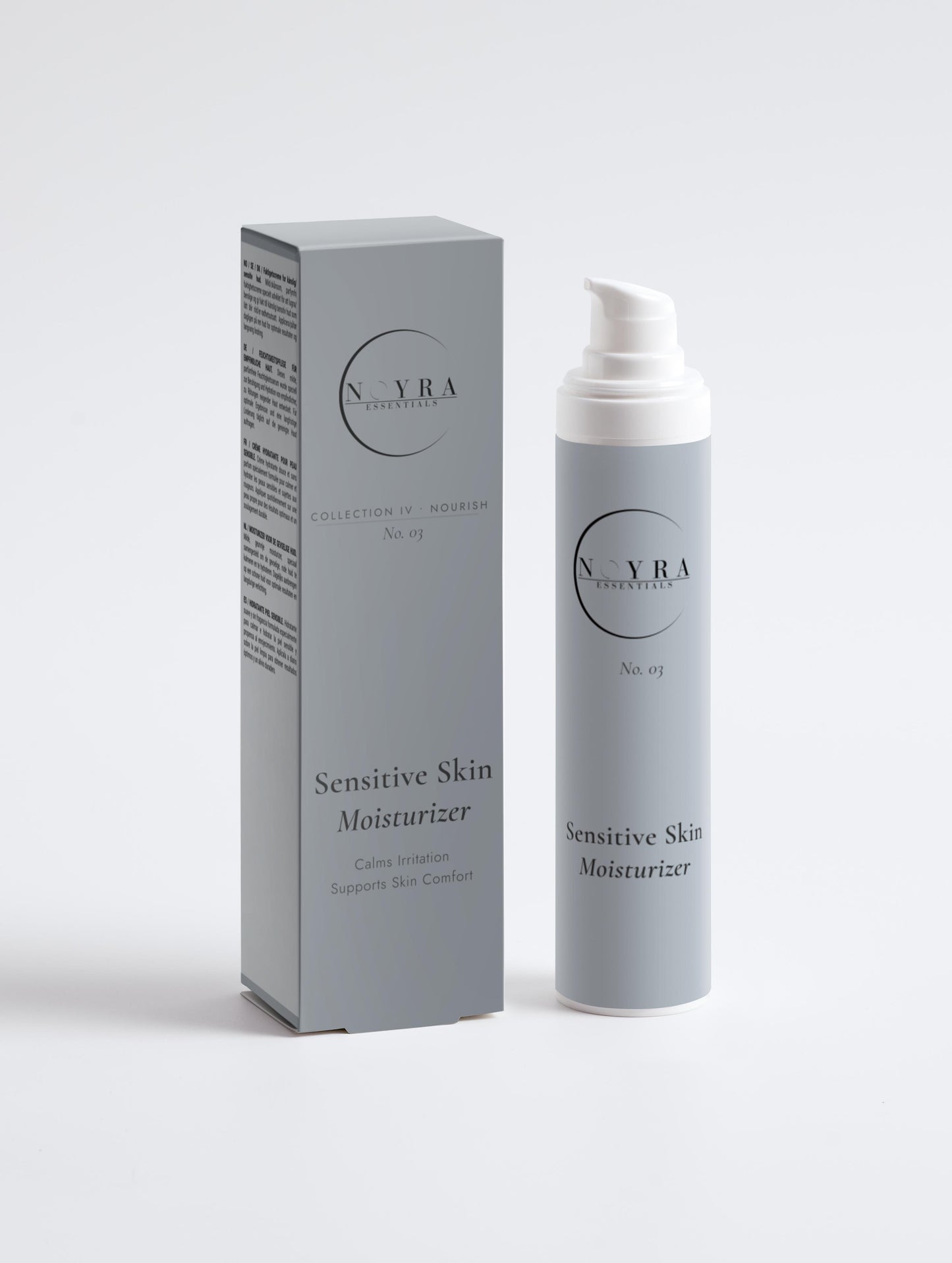 Sensitive Skin Moisturizer in minimalist white airless bottle with clean packaging