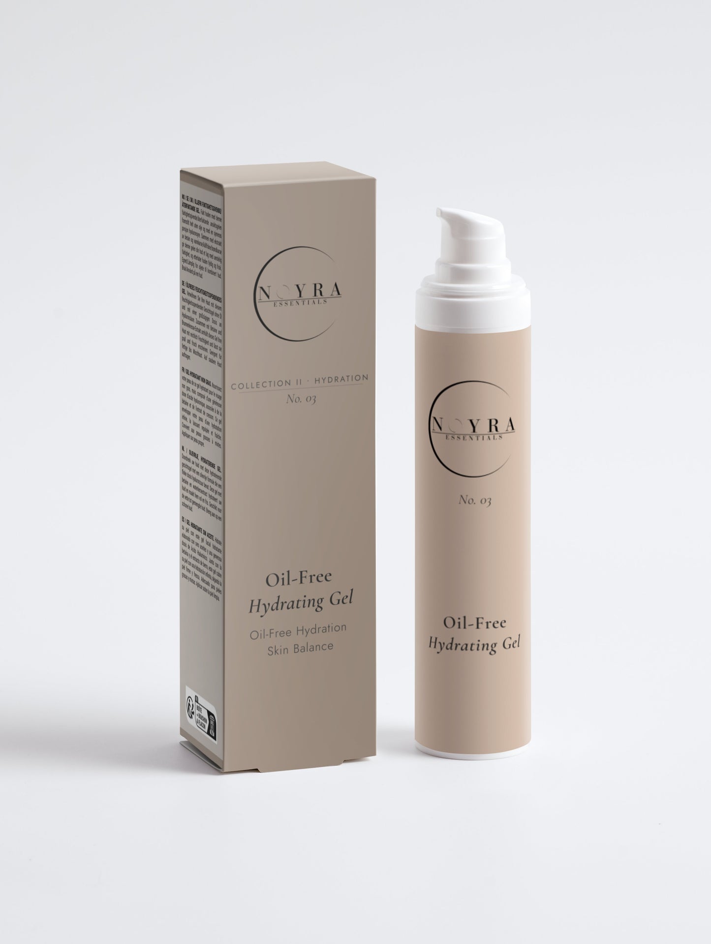 Noyra Essentials Oil-Free Hydrating Gel in pump bottle with minimalist packaging, designed for lightweight hydration and balanced skin
