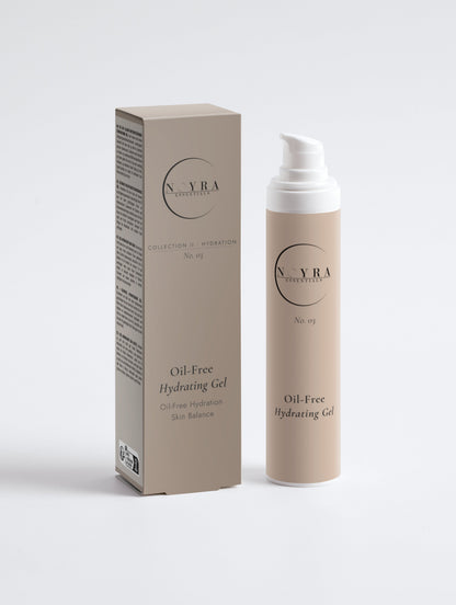 Noyra Essentials Oil-Free Hydrating Gel in pump bottle with minimalist packaging, designed for lightweight hydration and balanced skin