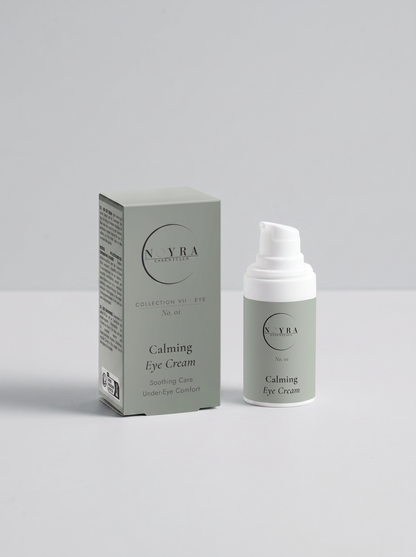 Noyra Essentials Calming Eye Cream with CBD in pump bottle with matching packaging, designed for soothing under-eye care and hydration