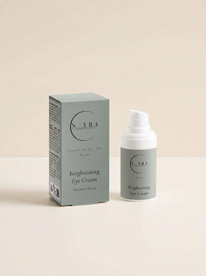 Noyra Essentials Brightening Eye Cream with minimal packaging and pump bottle, designed for hydrating and enhancing the appearance of the eye area