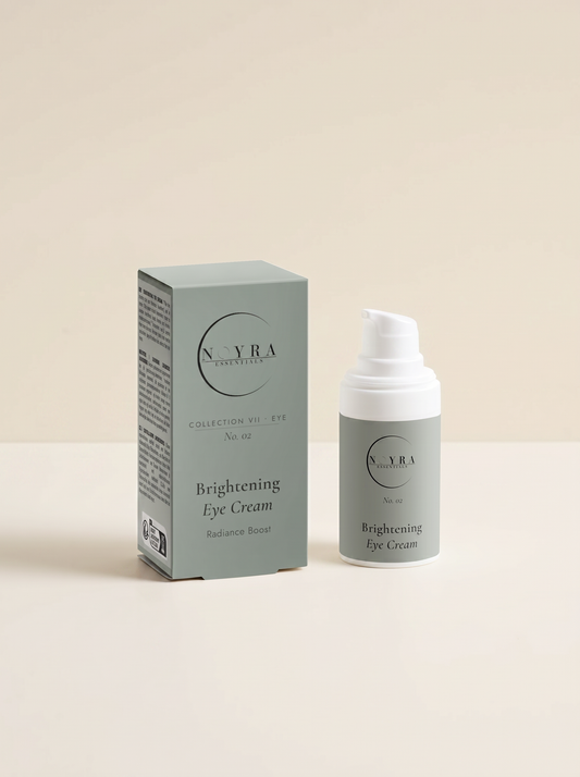 Noyra Essentials Brightening Eye Cream with minimal packaging and pump bottle, designed for hydrating and enhancing the appearance of the eye area