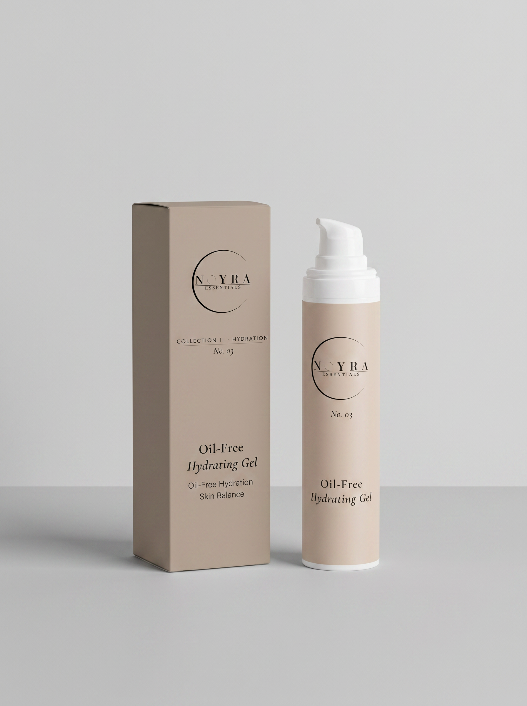 Noyra Essentials Oil-Free Hydrating Gel in pump bottle with minimalist packaging, designed for lightweight hydration and balanced skin