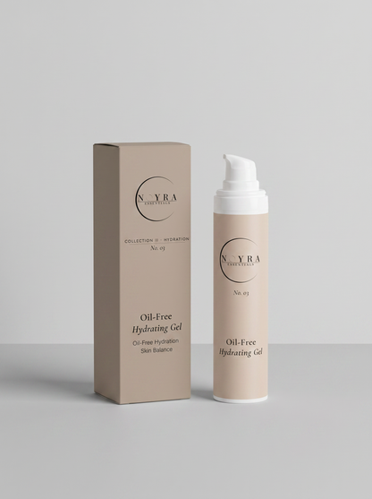 Noyra Essentials Oil-Free Hydrating Gel in pump bottle with minimalist packaging, designed for lightweight hydration and balanced skin