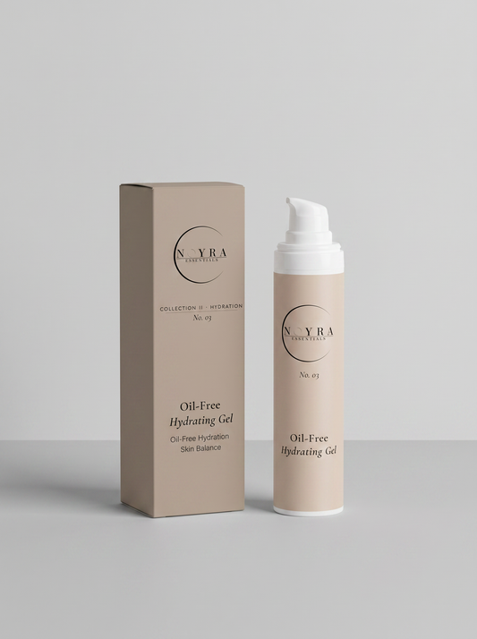 Noyra Essentials Oil-Free Hydrating Gel in pump bottle with minimalist packaging, designed for lightweight hydration and balanced skin
