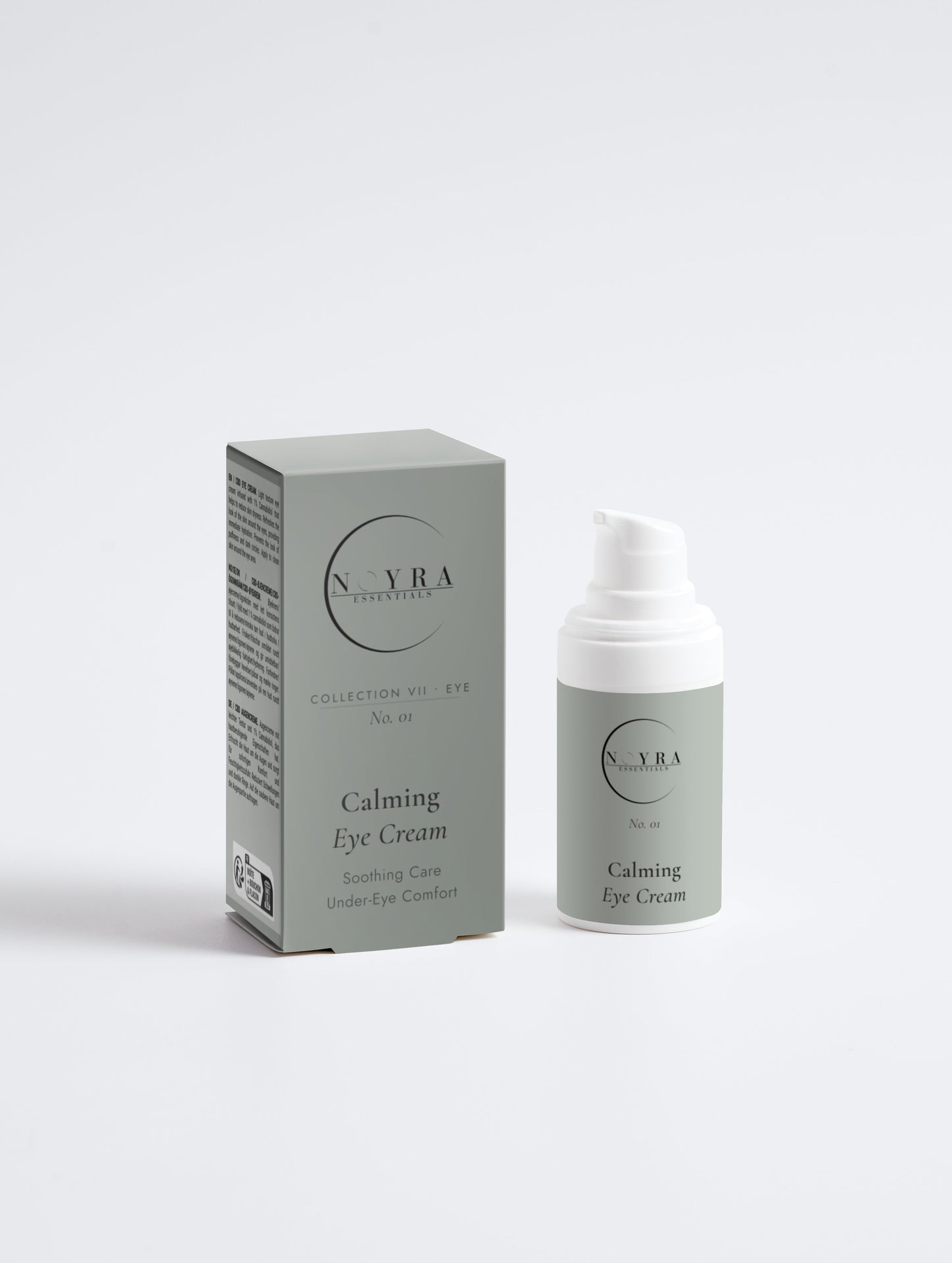 Noyra Essentials Calming Eye Cream with CBD in pump bottle with matching packaging, designed for soothing under-eye care and hydration