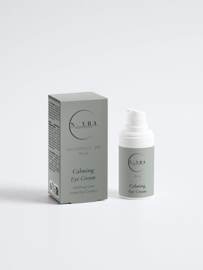 Noyra Essentials Calming Eye Cream with CBD in pump bottle with matching packaging, designed for soothing under-eye care and hydration