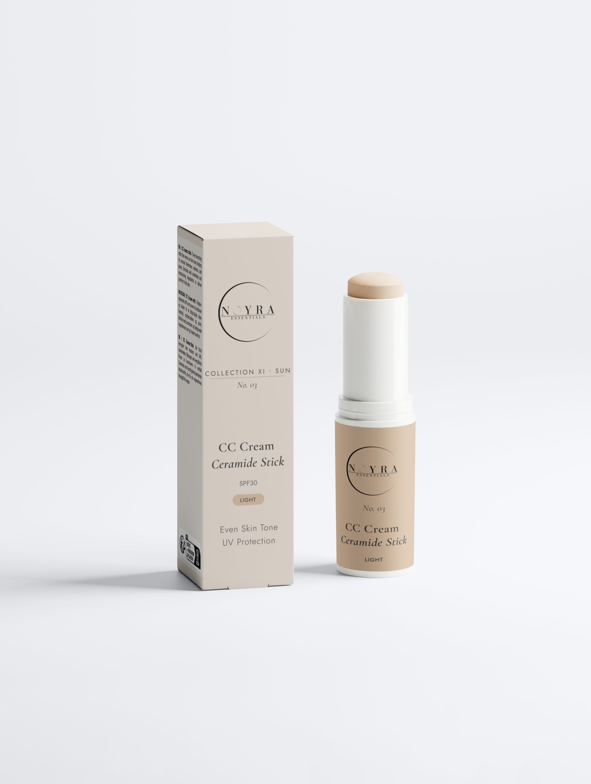 Noyra Essentials CC Cream Ceramide SPF30 Stick in Light shade with packaging, designed to even skin tone and provide sun protection