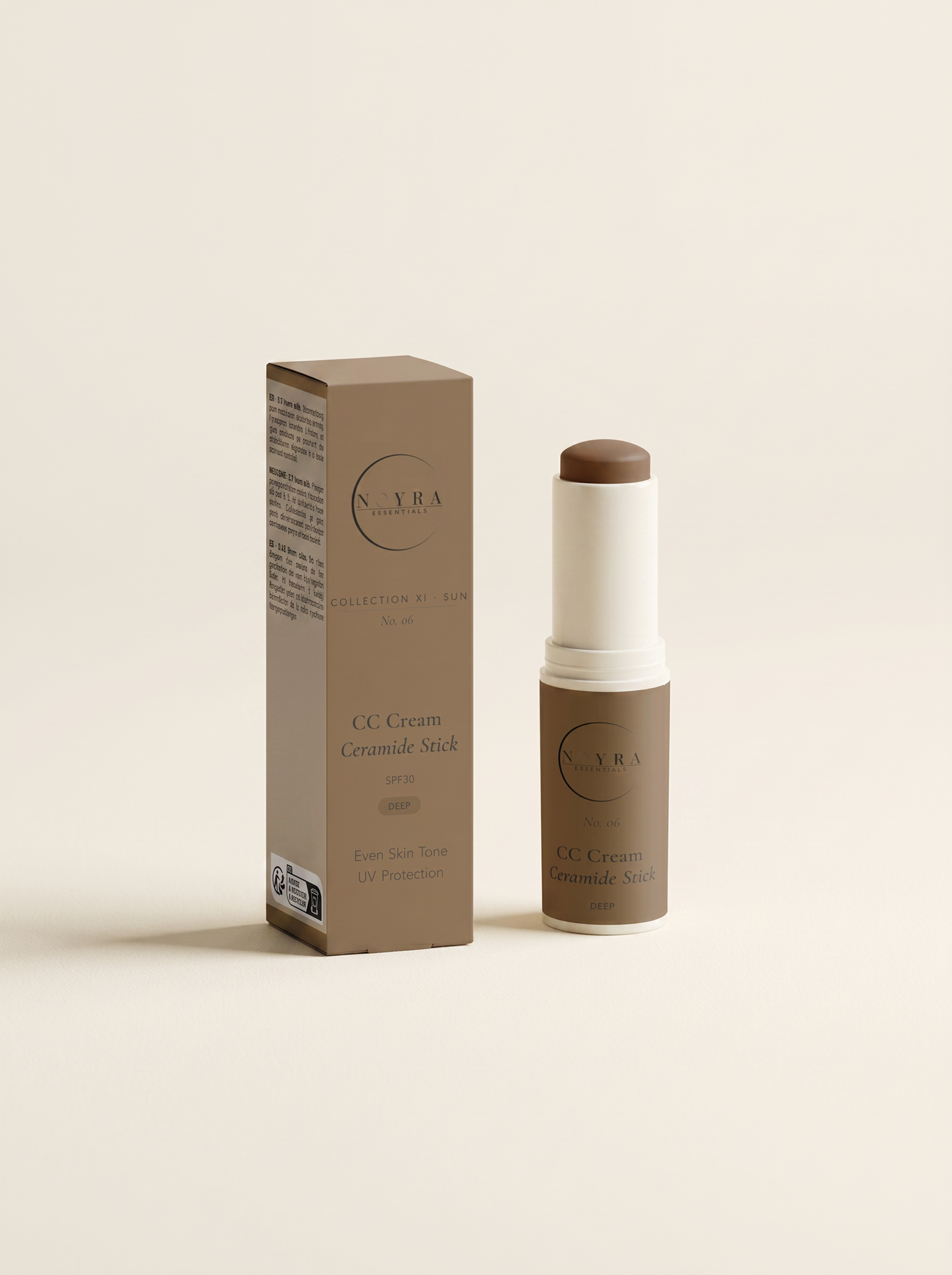 Luxury skincare campaign photography. Noyra CC Cream Ceramide Stick SPF30 Deep placed on warm natural stone surface under Mediterranean sunlight. Minimal luxury styling. Soft shadows. Elegant neutral architecture in background. Premium beauty editorial aesthetic. High-end cosmetic advertising photography. Accurate product colors and packaging. No text overlays. No branding artifacts.