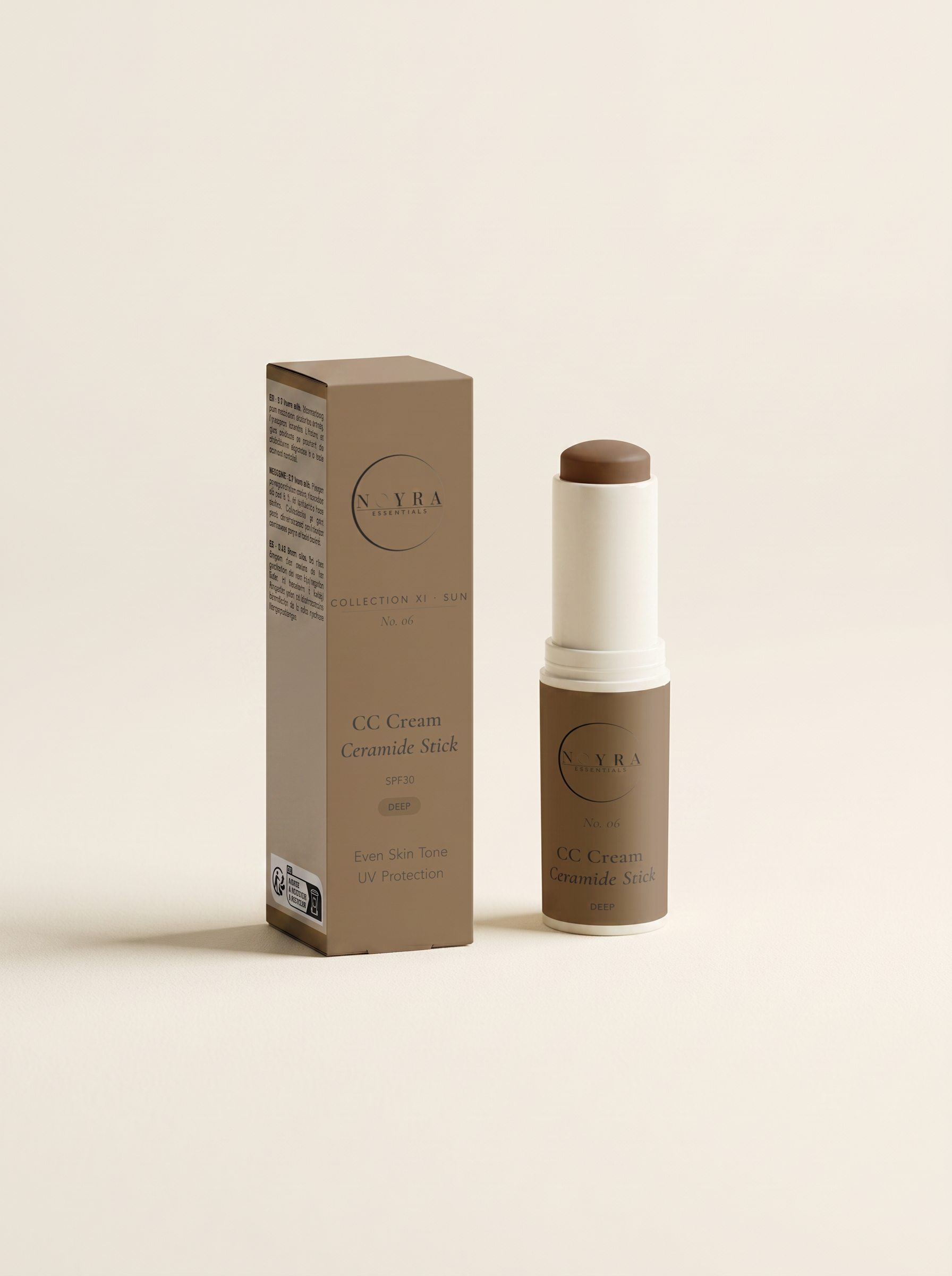 Luxury skincare campaign photography. Noyra CC Cream Ceramide Stick SPF30 Deep placed on warm natural stone surface under Mediterranean sunlight. Minimal luxury styling. Soft shadows. Elegant neutral architecture in background. Premium beauty editorial aesthetic. High-end cosmetic advertising photography. Accurate product colors and packaging. No text overlays. No branding artifacts.