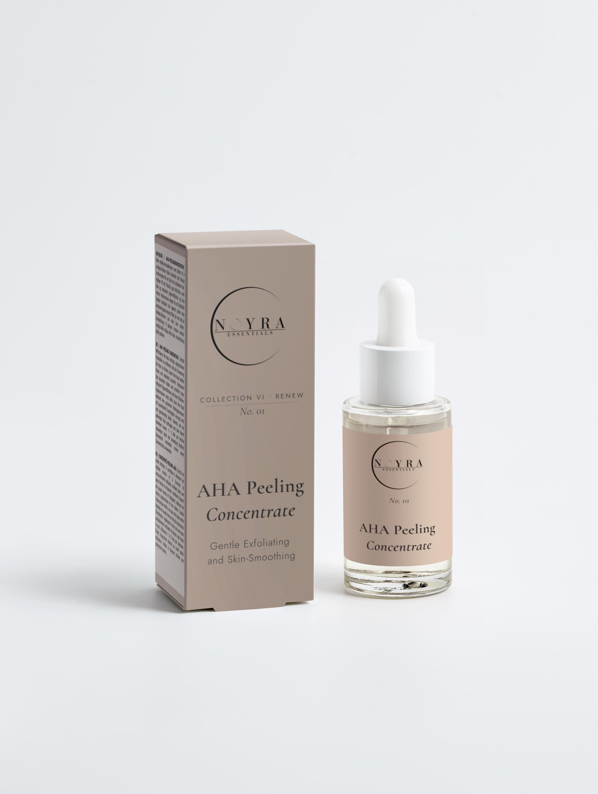 AHA peeling concentrate in minimalist neutral packaging, featuring a glass dropper bottle and matching box, designed for gentle exfoliation and smoother-looking skin