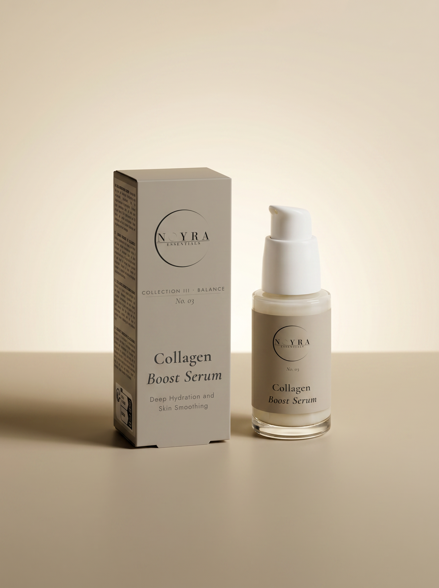 Collagen boost serum in minimalist glass bottle with soft beige label and packaging, designed to provide deep hydration and improve skin smoothness
