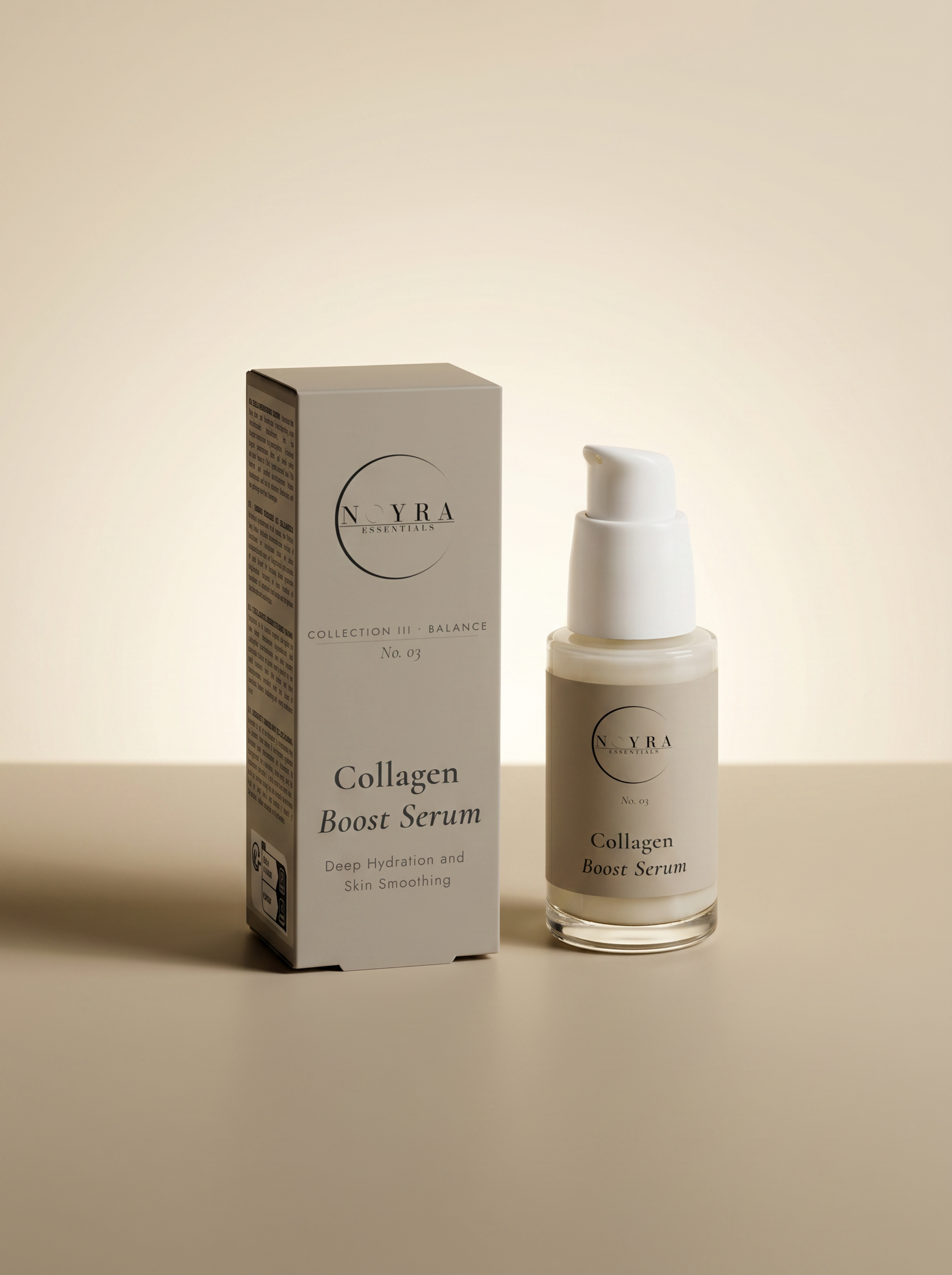 Collagen boost serum in minimalist glass bottle with soft beige label and packaging, designed to provide deep hydration and improve skin smoothness