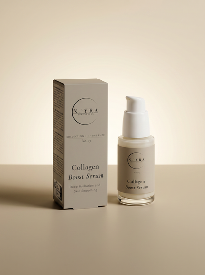 Collagen boost serum in minimalist glass bottle with soft beige label and packaging, designed to provide deep hydration and improve skin smoothness