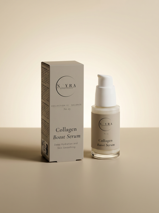 Collagen boost serum in minimalist glass bottle with soft beige label and packaging, designed to provide deep hydration and improve skin smoothness
