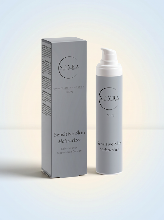 Sensitive Skin Moisturizer in minimalist white airless bottle with clean packaging