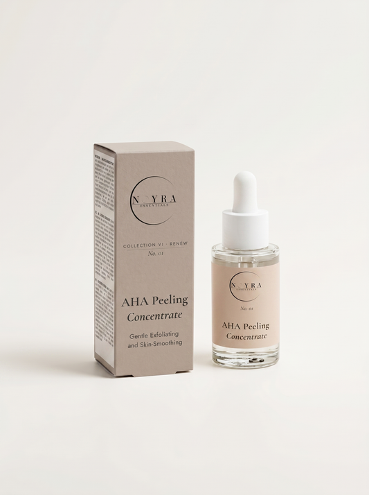 AHA peeling concentrate in minimalist neutral packaging, featuring a glass dropper bottle and matching box, designed for gentle exfoliation and smoother-looking skin