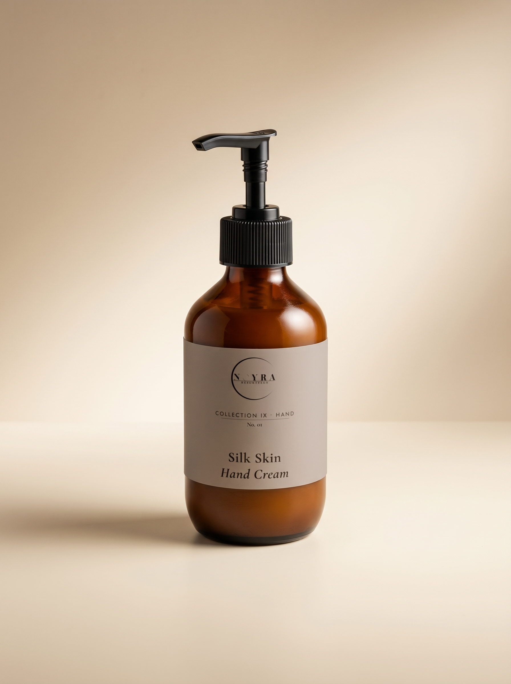 Nourishing hand cream with sandalwood scent in amber pump 