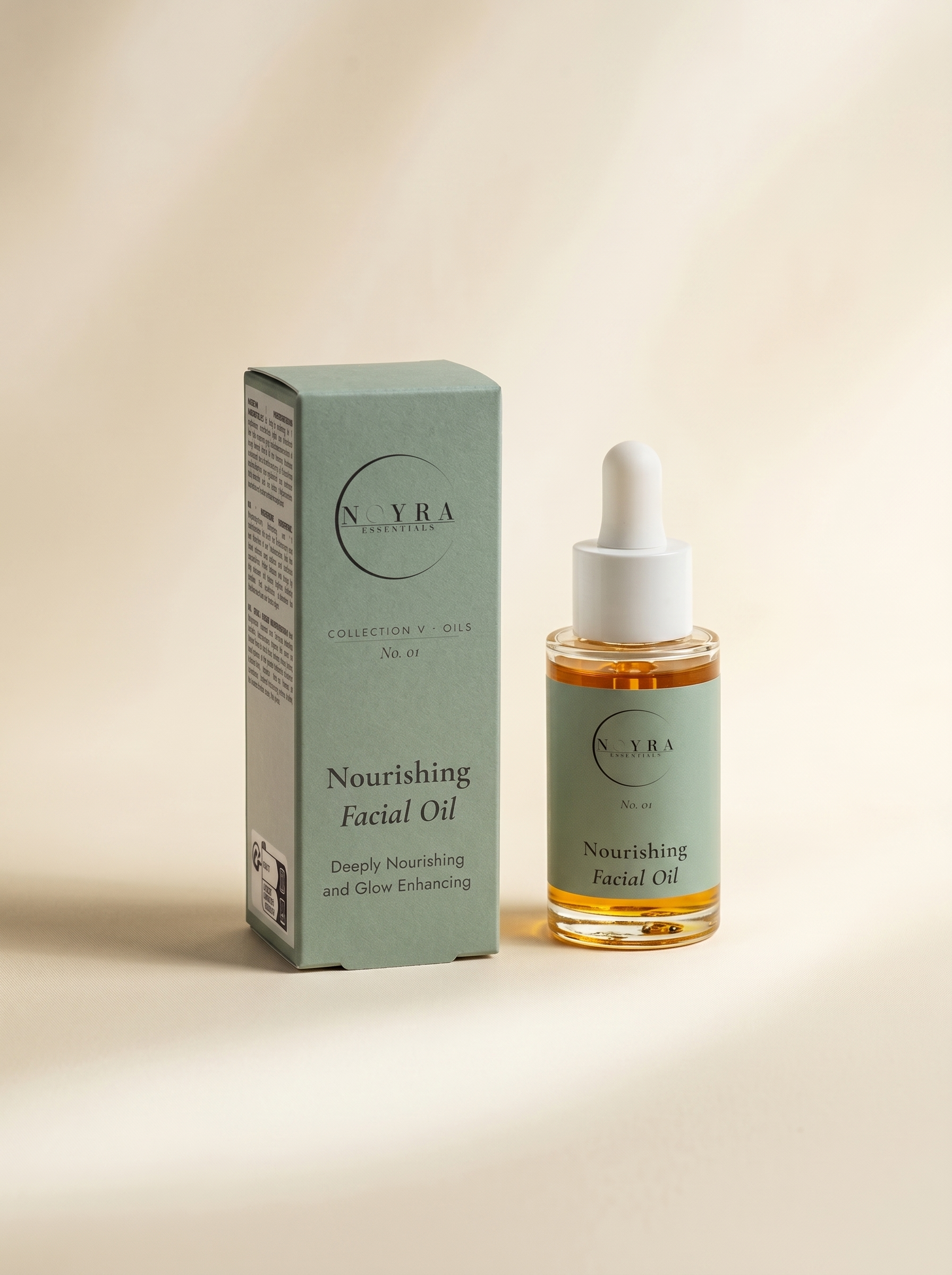 Nourishing facial oil in green minimalist packaging, featuring a glass dropper bottle with golden oil and a matching box, designed to support skin nourishment and enhance natural glow