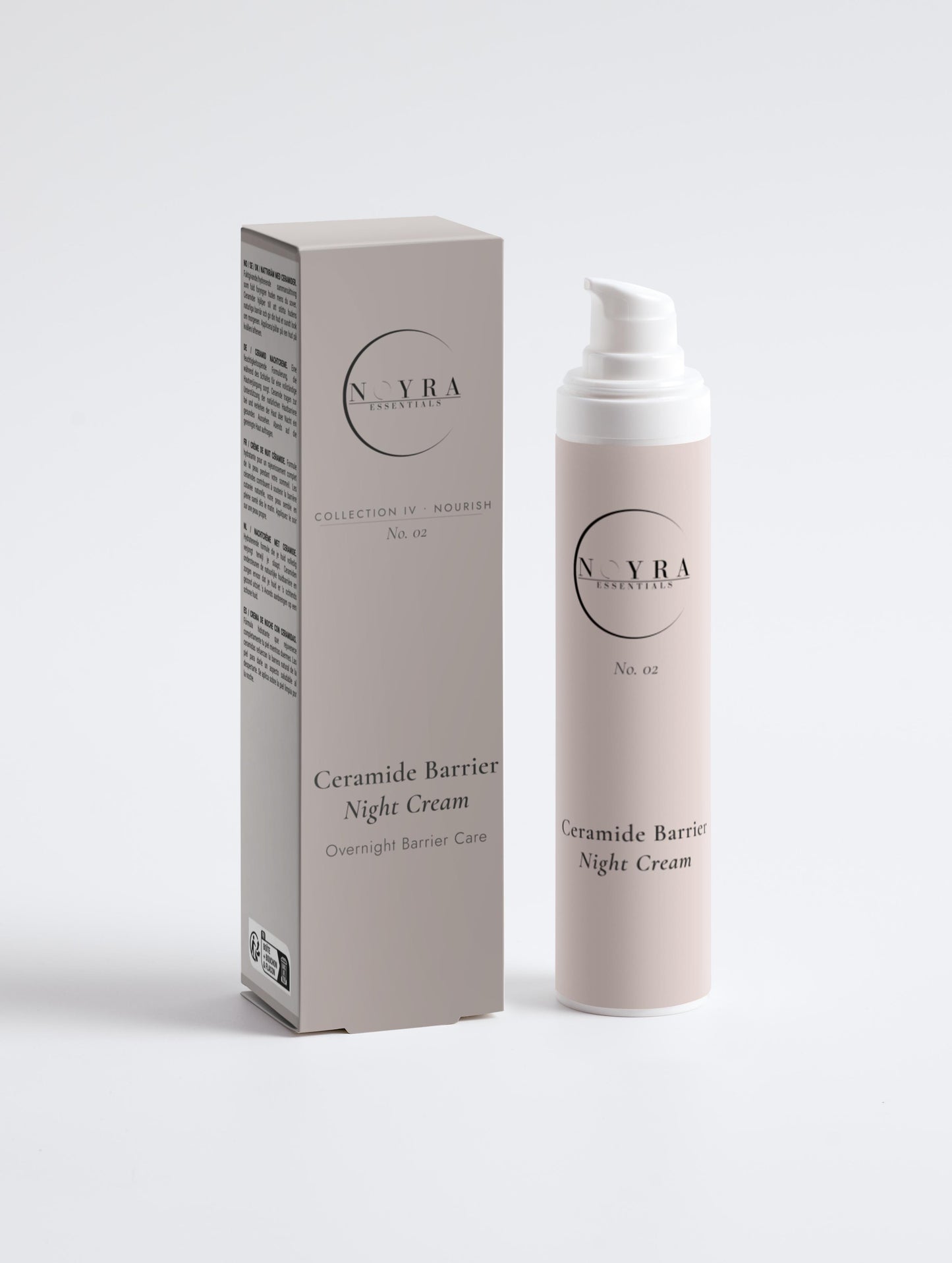 Ceramide barrier night cream in soft neutral packaging, featuring a minimalist pump bottle alongside its matching box, designed for overnight skin barrier care and hydration