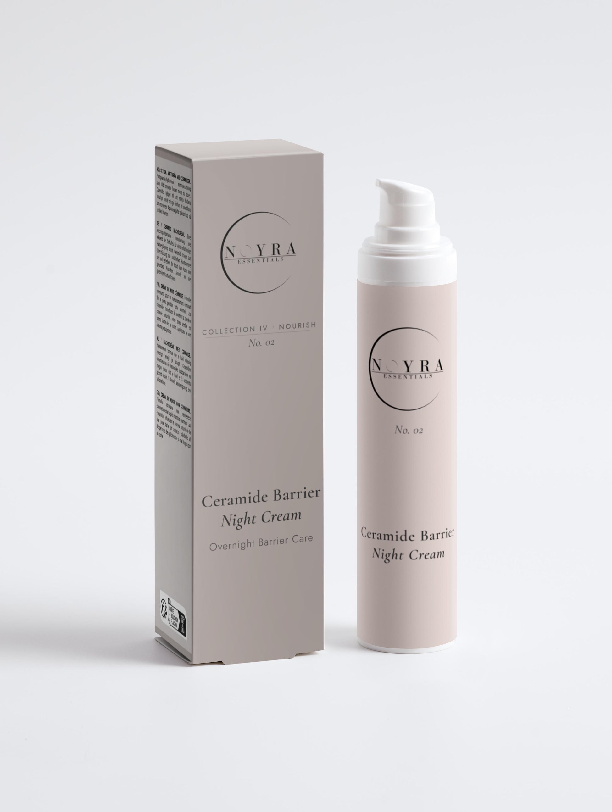 Ceramide barrier night cream in soft neutral packaging, featuring a minimalist pump bottle alongside its matching box, designed for overnight skin barrier care and hydration