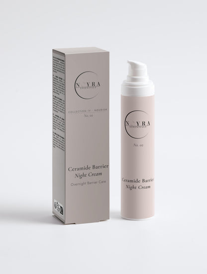 Ceramide barrier night cream in soft neutral packaging, featuring a minimalist pump bottle alongside its matching box, designed for overnight skin barrier care and hydration