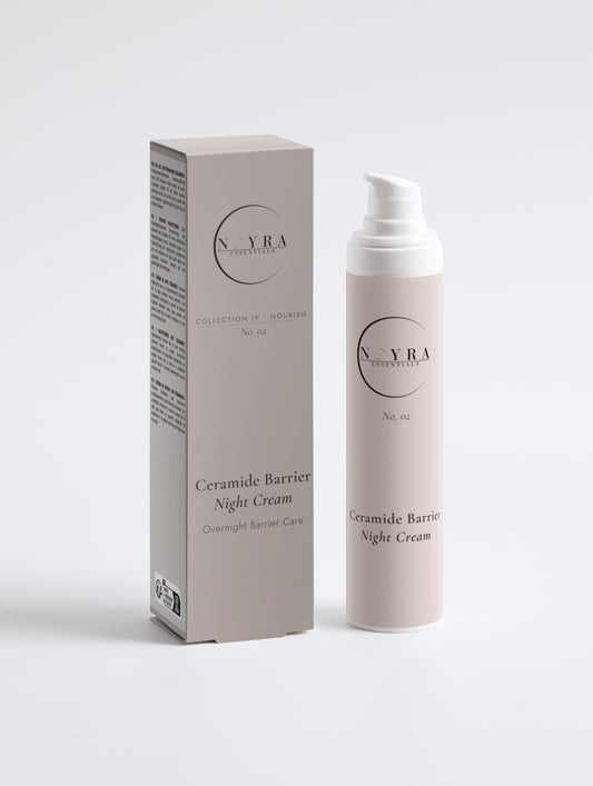Ceramide barrier night cream in soft neutral packaging, featuring a minimalist pump bottle alongside its matching box, designed for overnight skin barrier care and hydration