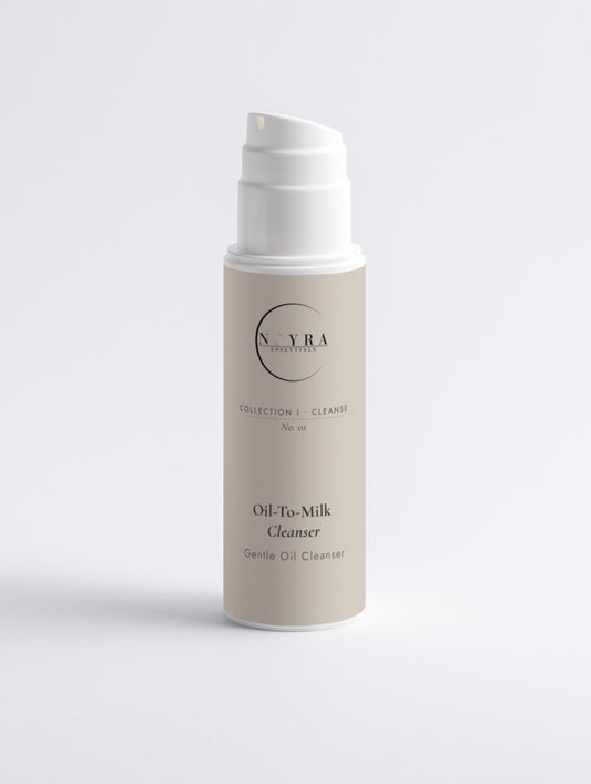Oil-to-Milk Cleanser in soft beige packaging, minimalist luxury skincare design featuring a gentle transforming oil cleanser for effective makeup removal and sensitive skin care