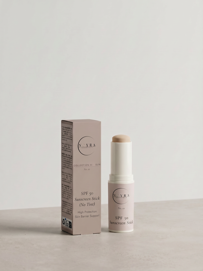 Noyra Essentials SPF50 sunscreen stick with no tint, featuring a mineral-based formula for broad-spectrum sun protection, shown with packaging on a clean neutral background