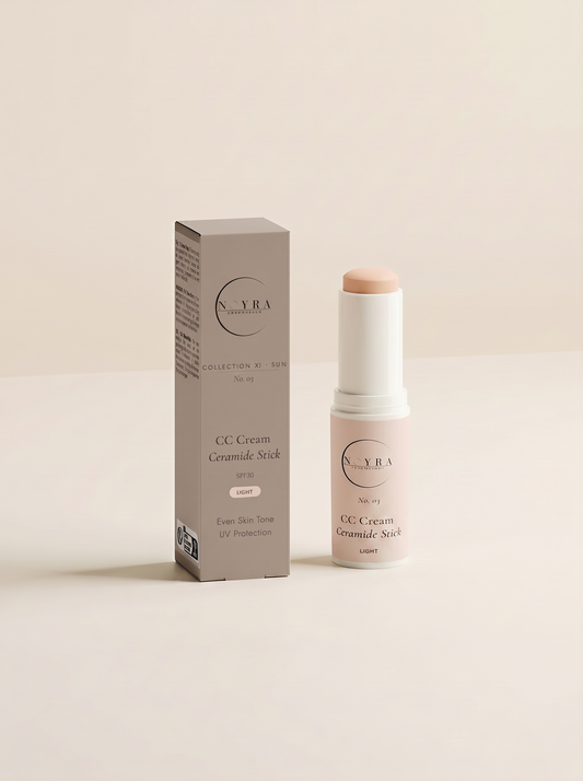 Noyra Essentials CC Cream Ceramide SPF30 Stick in Light shade with packaging, designed to even skin tone and provide sun protection