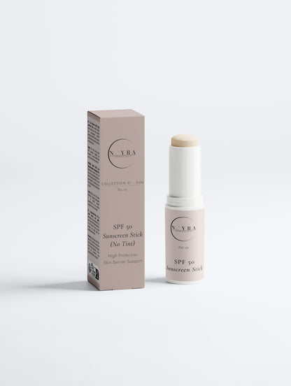 Noyra Essentials SPF50 sunscreen stick with no tint, featuring a mineral-based formula for broad-spectrum sun protection, shown with packaging on a clean neutral background