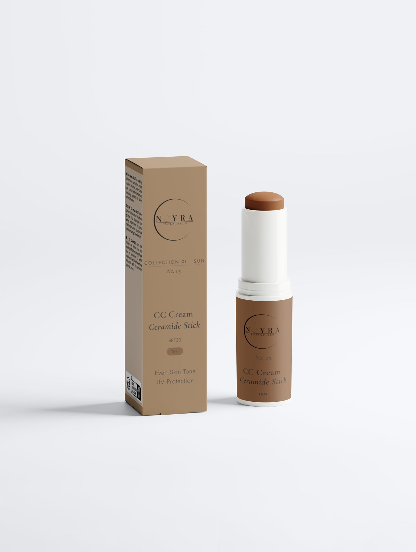 Noyra Essentials CC Cream Ceramide SPF30 Stick in Tan shade with packaging, designed to even skin tone and provide sun protection