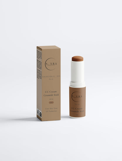 Noyra Essentials CC Cream Ceramide SPF30 Stick in Tan shade with packaging, designed to even skin tone and provide sun protection